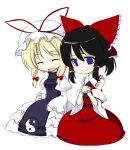  2girls black_hair blonde_hair blue_eyes chibi closed_eyes cup female hakurei_reimu hat multiple_girls ribbon sakuraba_yuuki smile touhou yakumo_yukari 