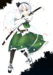  1girl absurdres female hairband highres hitodama katana konpaku_youmu konpaku_youmu_(ghost) pantyhose petals ribbon rokuwata_tomoe sheath sheathed short_hair skirt solo sword touhou weapon white_hair 