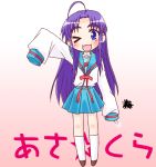  1girl ;d ahoge asakura_ryouko blush crossover full_body gradient gradient_background kairakuen_umenoka kneehighs kogami_akira long looking_at_viewer lucky_star neckerchief one_eye_closed open_mouth parody pleated_skirt purple_hair sailor_collar school_uniform serafuku simple_background skirt sleeves_past_wrists smile solo standing suzumiya_haruhi_no_yuuutsu violet_eyes white_legwear 