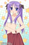  1girl bare_shoulders blue_eyes blush bra breasts cleavage collarbone embarrassed genshi hiiragi_kagami lace lingerie long_hair lucky_star midriff navel open_mouth pleated_skirt purple_hair school_uniform serafuku skirt small_breasts solo star tsurime twintails underwear undressing 