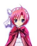  00s 1girl bow bowtie cape frills kiddy_grade looking_at_viewer maid_headdress pink_hair portrait red_bow red_bowtie sasa short_hair simple_background solo viola_(kiddy_grade) violet_eyes white_background 