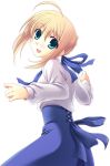  1girl :d ahoge blonde_hair blouse braid fate/stay_night fate_(series) french_braid green_eyes happy kusata_murasaki looking_at_viewer open_mouth saber simple_background smile solo white_background 