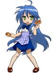  1girl ahoge apron bandabekken blue_hair chocolate_cornet food green_eyes izumi_konata koubeya_uniform long_hair lucky_star mole mole_under_eye plaid simple_background solo very_long_hair waitress 