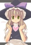  1girl blonde_hair bow buttons female hair_ribbon hat hat_bow heart kirisame_marisa letterboxed light_smile long_hair monji ribbon smile solo touhou translation_request witch witch_hat yellow_eyes 