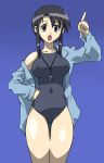  1girl azumanga_daioh black_eyes black_hair breasts cirima erect_nipples jacket kurosawa_minamo large_breasts one-piece_swimsuit ponytail solo swimsuit thighs whistle 