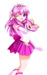  1girl bishoujo_senshi_sailor_moon blue_eyes boots cosplay female flower galaxy_angel gloves long_hair magical_girl milfeulle_sakuraba namamo_nanase parody pink_hair sailor_chibi_moon_(cosplay) sailor_senshi_(cosplay) school_uniform serafuku solo wand white_background wink 