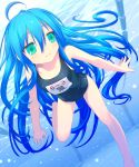  1girl :3 ahoge aqua_eyes dutch_angle floating_hair izumi_konata lane_line long_hair lucky_star mole mole_under_eye name_tag one-piece_swimsuit pool school_swimsuit solo swimming swimsuit underwater uni very_long_hair 