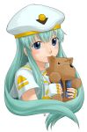  1girl alice_carroll aqua_hair aria blue_eyes blush fingerless_gloves gloves green_hair hat holding long_hair looking_at_viewer nagian solo stuffed_animal stuffed_toy sucking uniform upper_body very_long_hair white_gloves 