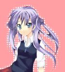  1girl blue_eyes blue_hair collar dress_shirt female hiiragi_kagami ise long_hair long_sleeves lucky_star pink_hair purple_hair red_background shirt simple_background solo sweater_vest twintails upper_body white_shirt 
