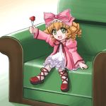  00s 1girl :d armchair blonde_hair bow chair doll drill_hair food fork fruit green_eyes hair_ribbon hina_ichigo lowres object_namesake open_mouth pink_bow red_shoes ribbon rozen_maiden shoes sitting smile solo source_request strawberry 