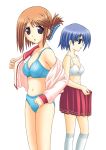  2girls blue_hair bra brown_hair footwear green_eyes hair_ornament hairclip komaki_manaka lingerie multiple_girls panties school_uniform serafuku short_hair socks to_heart_2 tonami_yuma underwear undressing violet_eyes 