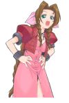  1girl :d aerith_gainsborough bow braid brown_hair dress fangs final_fantasy final_fantasy_vii green_eyes hands_on_hips highres long_dress long_hair looking_at_viewer open_mouth pink_bow pink_dress shichimenchou simple_background smile solo twin_braids very_long_hair white_background 