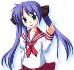  1girl :d blue_eyes blue_hair cowboy_shot hiiragi_kagami hiiragi_tsukasa index_finger_raised long_hair long_sleeves looking_at_viewer lucky_star miniskirt neckerchief odaya odayan open_mouth pleated_skirt purple_hair red_skirt sailor_collar school_uniform serafuku simple_background skirt smile solo white_background 