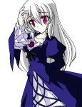  00s 1girl hand_on_own_head kasalelia long_hair pale_skin pink_eyes rozen_maiden silver_hair simple_background solo suigintou white_background 