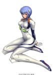  1girl arm_support arms_behind_back artist_name ayanami_rei bangs blue_hair bodysuit bracer breasts breasts_apart closed_mouth expressionless female from_side full_body gloves hair_between_eyes headgear knee_pads large_breasts legs long_legs looking_at_viewer neon_genesis_evangelion number pilot_suit plugsuit red_eyes ryu_(ryu&#039;s_former_site) short_hair simple_background sitting slender_waist solo thighs turtleneck white_background white_bodysuit yokozuwari 