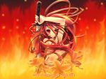  1girl fire flower itou_noiji katana long_hair nude orange_(color) red red_eyes redhead shakugan_no_shana shana solo sword wallpaper weapon 