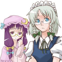  2girls bespectacled braid female gengorou glasses hat izayoi_sakuya multiple_girls patchouli_knowledge simple_background touhou upper_body white_background 