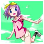  1girl :d armpits barefoot black_legwear blue_eyes blue_hair fukurou hiiragi_tsukasa kneehighs looking_at_viewer lucky_star musical_note open_mouth outstretched_arms pink_hair running shoes short_hair smile sneakers solo sweatdrop sweater_vest 