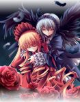  00s 2girls black_dress black_wings blonde_hair closed_eyes dress feathers flower frills fuyuwa_kotatsu hairband juliet_sleeves lolita_hairband long_sleeves multiple_girls puffy_long_sleeves puffy_sleeves red_dress red_eyes red_rose rose rozen_maiden shinku silver_hair sleeping suigintou white_hair wings 