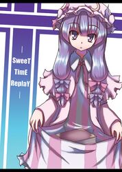  1girl akiyasu book bow crescent dress female hat mob_cap patchouli_knowledge pink_bow solo striped striped_dress touhou touhuya vertical_stripes 