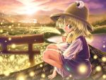  1girl aozora_market arm_support blonde_hair female field glowing gradient gradient_background hat holding moriya_suwako nature outdoors plant rooftop skirt sky solo squatting sunlight sunset torii touhou wheat 