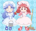  2girls :3 :d ^_^ ahoge blue_hair blush bucket closed_eyes fine fushigiboshi_no_futago_hime hat hatomugi_(mamotan) holding mop multiple_girls open_mouth red_eyes redhead rein smile 