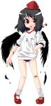  1girl :o alternate_costume bandaid bandaid_on_knee black_hair black_wings buruma feathers female gengorou gym_uniform hand_on_hip hat looking_at_viewer loose_socks mary_janes name_tag open_mouth red_eyes red_shoes shameimaru_aya shoes simple_background socks solo standing tokin_hat touhou white_background white_legwear wings younger 
