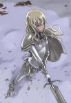  1girl armor blonde_hair cape claymore claymore_(sword) face flora_(claymore) from_above gauntlets snow snowing solo sword tea_(nakenashi) weapon 