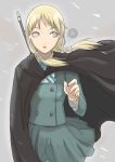  1girl a blonde_hair cape claymore claymore_(sword) cynthia_(claymore) face grey_eyes looking_away low_twintails school_uniform serafuku snow snowing solo sword tea_(nakenashi) twintails weapon wind 