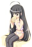  bed black_eyes black_hair bread brown_eyes camisole food long_hair melon_bread panties shakugan_no_shana shana sitting thigh-highs underwear white_panties 