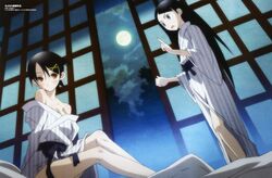  2girls bare_shoulders black_hair blue_eyes blush breasts cleavage comp_h&#039;s embarrassed full_moon fuura_kafuka hair_ornament hairclip japanese_clothes kimono kitsu_chiri legs long_hair moon morioka_hideyuki multiple_girls night night_sky no_bra off_shoulder official_art open_mouth orange_eyes pointing sash sayonara_zetsubou_sensei scan short_hair sitting sky standing striped very_long_hair yukata 