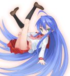  blue_hair flat_chest footwear green_eyes izumi_konata long_hair lucky_star murata_taichi school_uniform serafuku skirt skirt_lift socks 