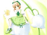  1girl 90s :d antenna_hair brown_hair card_captor_sakura child dress flower gloves green_dress green_eyes green_ribbon green_shoes hair_ribbon kerberos kero kinomoto_sakura lily_of_the_valley minigirl open_mouth puffy_short_sleeves puffy_sleeves ribbon ribbon-trimmed_clothes ribbon_trim shoes short_hair short_sleeves sitting smile socks solo takano_hayato white_gloves white_legwear 