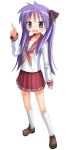  1girl blue_eyes blue_hair blush footwear hiiragi_kagami kneehighs lucky_star patorishia patricia_(stylish_marunage) pointing purple_hair school_uniform serafuku socks solo twintails 