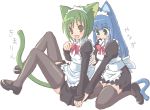  2girls :d animal_ears aqua_eyes black_legwear blue_hair blush_stickers cat_ears cat_tail dress green_hair hand_holding kimarin kimimarinet maid maid_headdress mary_janes multiple_girls oekaki open_mouth original ribbon shoes simple_background smile tail thigh-highs translated white_background yellow_eyes zettai_ryouiki 