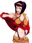  1girl 90s blue_hair breasts cleavage cowboy_bebop faye_valentine glasses green_eyes hairband highres large_breasts lipstick makeup midriff navel official_art purple_hair short_hair smirk solo sunglasses suspenders 