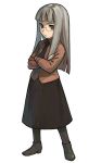  1girl b_suke bangs blunt_bangs brown_jacket brown_legwear brown_shirt crossed_arms fate/stay_night fate_(series) full_body glasses grey_hair himuro_kane loafers long_hair long_sleeves looking_at_viewer pantyhose shirt shoes sidelocks solo standing white_background 