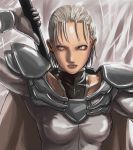  1girl armor blonde_hair claymore claymore_(sword) face grey_eyes jean solo sword tea_(nakenashi) weapon 