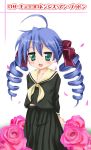  1girl :d ahoge black_serafuku black_skirt blue_hair cosplay drill_hair flower green_eyes izumi_konata looking_at_viewer lucky_star maria-sama_ga_miteru matsudaira_touko matsudaira_touko_(cosplay) neckerchief open_mouth parody petals pink_rose pleated_skirt rose rose_petals school_uniform serafuku skirt smile solo tomusooya 