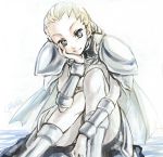  1girl armor blonde_hair blue_eyes braid cape character_name claymore head_rest leg_armor ophelia shoulder_armor sitting smile solo vambraces 