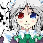  1girl blush braid female heterochromia izayoi_sakuya lowres natsumi_akira short_hair silver_hair solo touhou twin_braids 