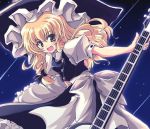  1girl :d blonde_hair female guitar hat holding instrument kirisame_marisa long_hair open_mouth smile solo tooya touhou touya_(the-moon) witch witch_hat yellow_eyes 