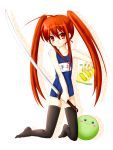  bread food happiness! long_hair melon_bread one-piece_swimsuit piku red_eyes redhead school_swimsuit shakugan_no_shana shana swimsuit sword tama_(happiness) thigh-highs twintails weapon 
