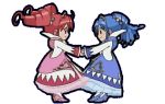  2girls animated animated_gif blue_eyes blue_hair dancing dress drill_hair fine fushigiboshi_no_futago_hime lowres multiple_girls red_eyes redhead rein tiara transparent_background twin_drills twintails 