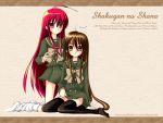  2girls alastor_(shakugan_no_shana) brown_eyes brown_hair dual_persona jewelry long_hair multiple_girls pendant piku red_eyes redhead school_uniform serafuku shakugan_no_shana shana thigh-highs wallpaper 