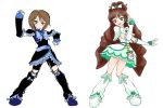  2girls 4girls alternate_color boots brown_hair cosplay crossover cure_black cure_black_(cosplay) cure_white cure_white_(cosplay) futari_wa_precure half_updo heterochromia jissouseki knee_boots long_hair magical_girl multiple_girls pose precure rozen_maiden short_hair siblings sisters souseiseki suiseiseki twins white_background 