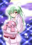  00s 1girl bangs blush broccoli_(company) galaxy_angel green_hair long_hair looking_at_viewer normad one_eye_closed pajamas red_eyes sleepy solo stuffed_animal stuffed_toy vanilla_h 