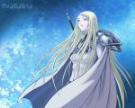 1girl armor blonde_hair cape claymore claymore_(sword) galatea grey_eyes long_hair solo sword wallpaper weapon 