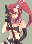  1girl anti-materiel_rifle belt between_breasts bikini_top breasts fingerless_gloves gloves gun hair_ornament midriff mismatched_gloves ponytail redhead rifle scarf shorts sidelocks sniper_rifle solo studded_belt tengen_toppa_gurren_lagann uk-works weapon yoko_littner 