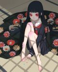  1girl bangs barefoot black_hair blunt_bangs enma_ai feet hands hands_on_feet hime_cut japanese_clothes jigoku_shoujo kimono long_hair marble red_eyes sakamoto_mineji school_uniform serafuku shouji sliding_doors solo tatami 